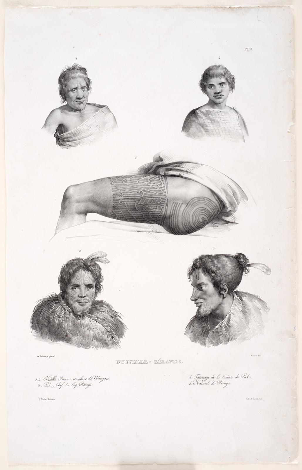 Nouvelle-Zélande, 1.2. Vieille Femme et esclave de Wangari, 3. Pako, Chef de Cap. Reinga, 4. Tatouage de la Cuisse de Pako, 5. Naturel de Reinga, [New Zealand 1.2. Old Woman and slave of Whangarei, 3. Pako, Chief of Cape Reinga, 4. Tattoo on Pako’s thigh,