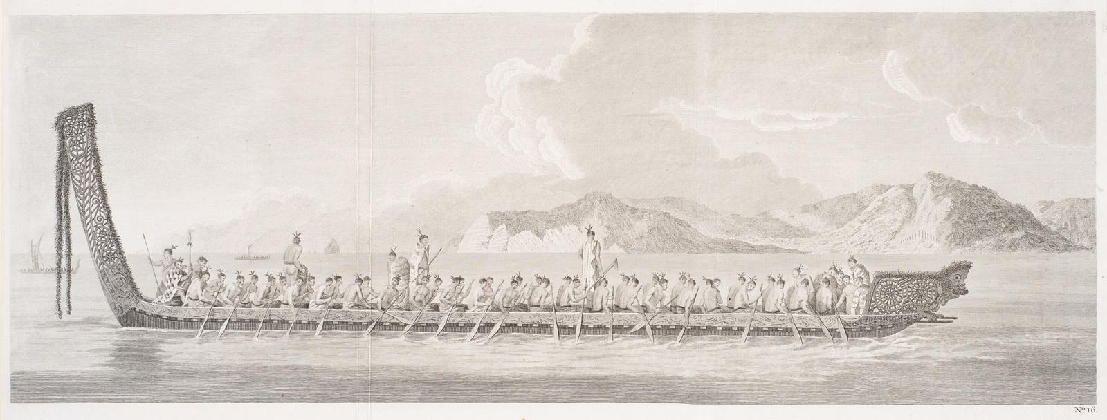 A War canoe of New Zealand with a view of Gable End Foreland