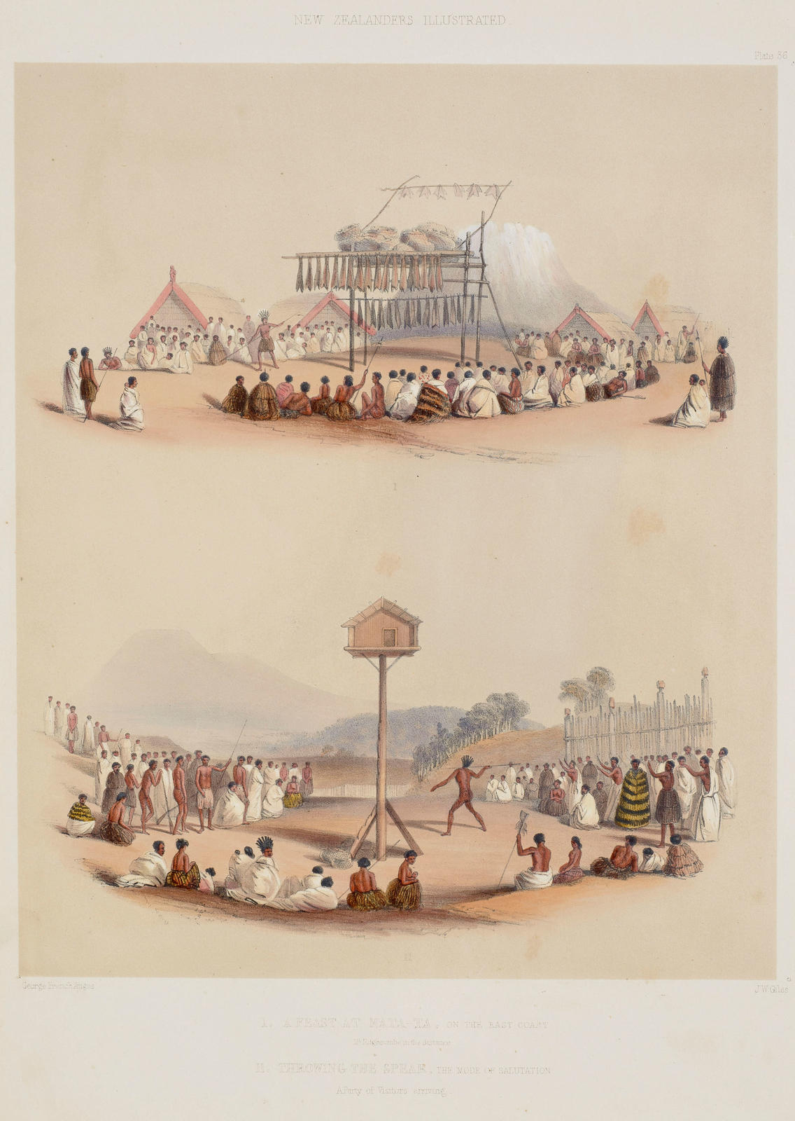 I. A Feast at Mata-Ta, on the East Coast. Mt Edgecumbe in the Distance II. Throwing the Spear, the Mode of Salutation. A Party of Visitors Arriving