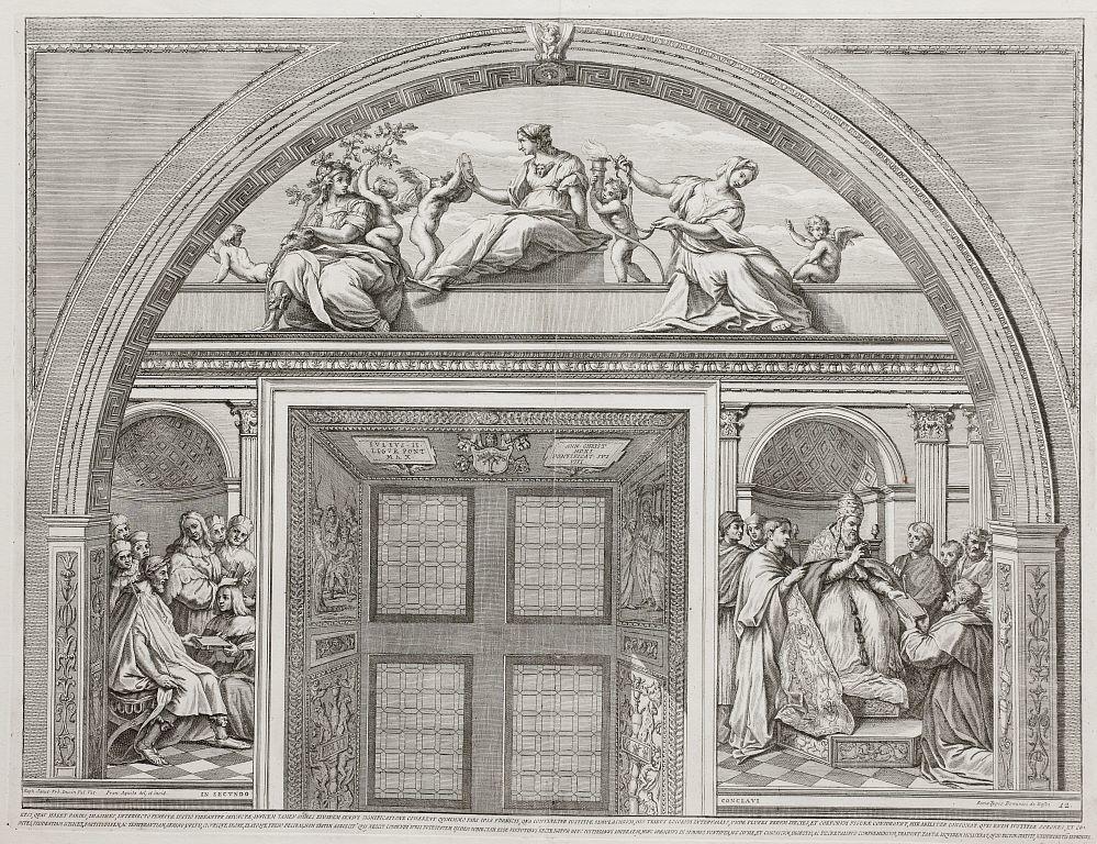 Second conclave with Gregory IX delivering the Decretals, beneath The Judicial Virtues