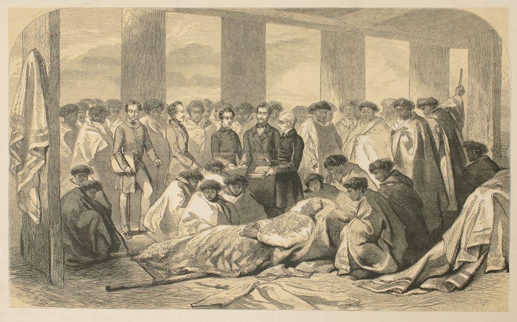 Baptism of Te Ngahue, an Aged New Zealand Chief, at Te Ariki, on the Lake of Tarawera, by the Rev T Chapman