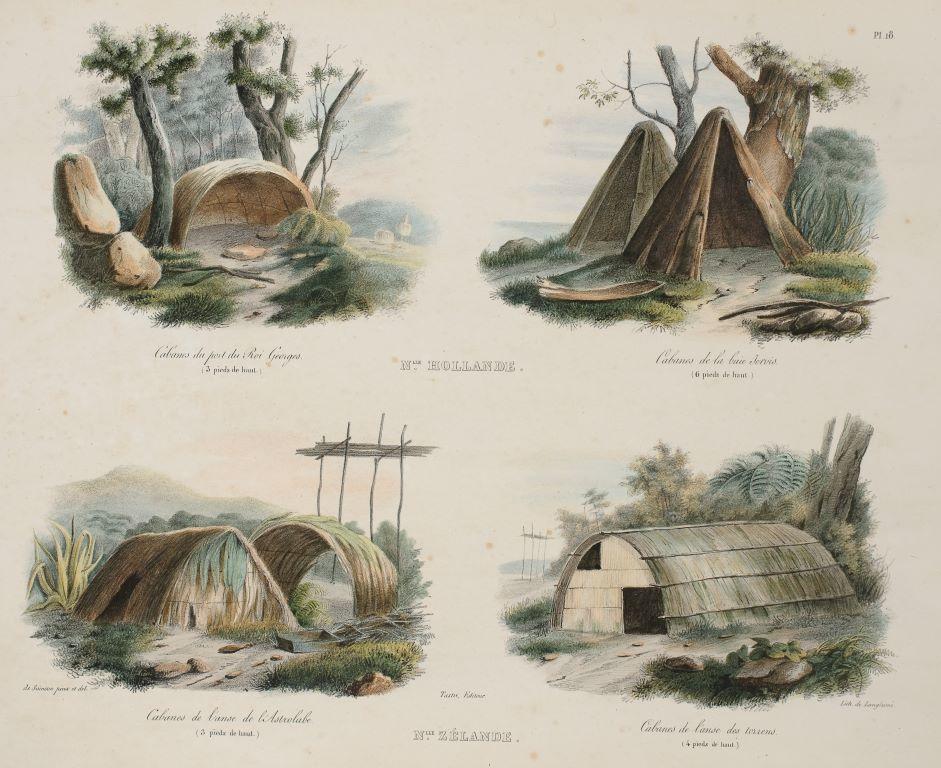 Nlle Hollande, Cabanes du port du Roi Georges, Cabanes de la baie Jervis Nlle Zélande, Cabanes de l'anse de l'Astrolabe, Cabanes de l'anse des torrens
