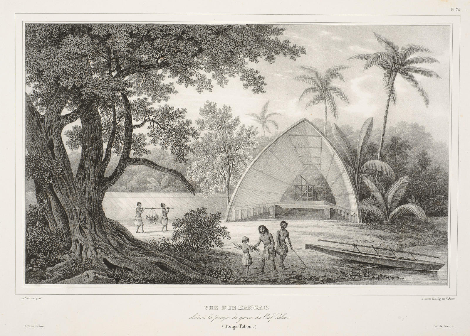 Vue d'un hangar arbitant la pirogue de guerre du Chef Palou