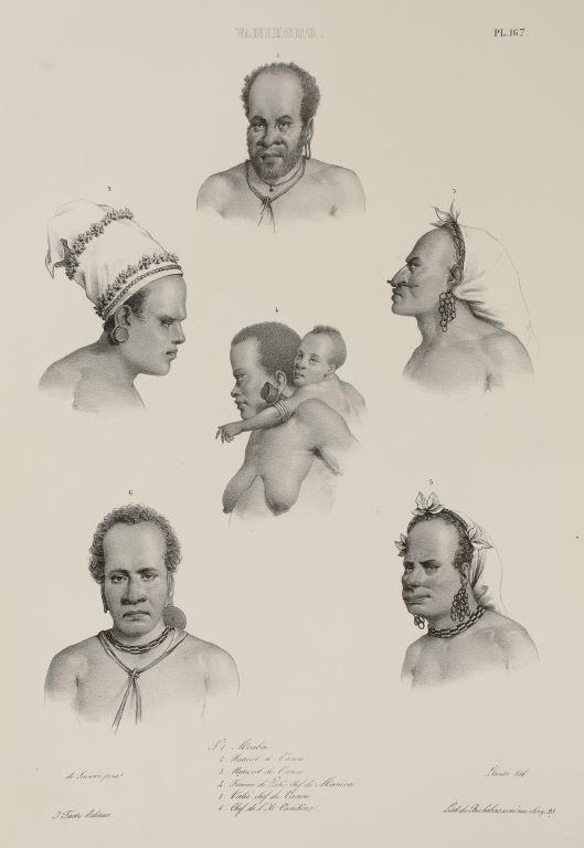 Vanikoro. No1. Monbai 2. Naturel de Vanou 3. Naturel de Vanou 4. Femme de Pako, Chef de Manévai 5. Valié chef de Vanou 6. Chef de l'Ile Vanikoro