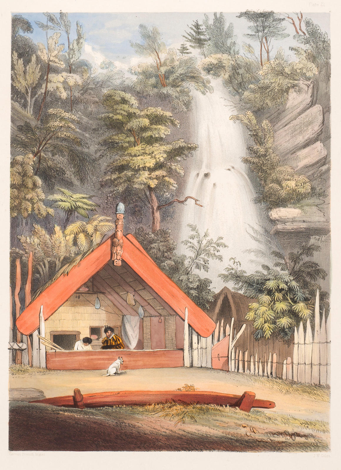 House of Iwikau, brother of Te Heuheu, and Falls of Ko Waihi at Te Rapa, Taupo Lake