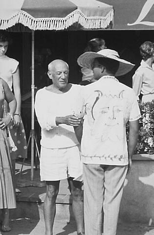 At the cafe - Picasso with man in decorated shirt