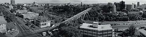 Grafton Gully, looking west from the roof of the staff residence building, Auckland hospital corner of Grafton and Park Roads, April 1990