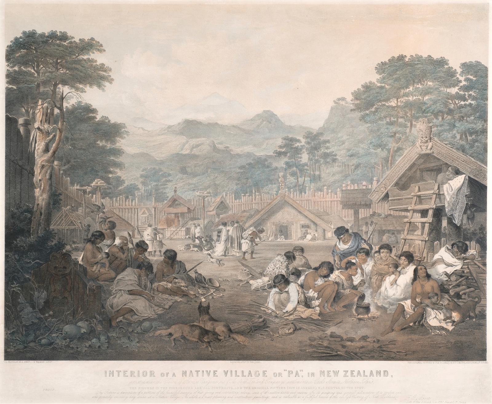 Interior of a Native village or "Pa" in New Zealand
