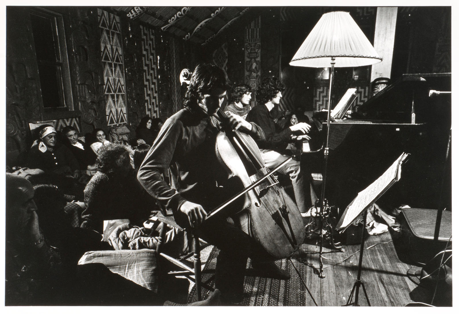 Evening concert, Tukaki wharenui, Te Kaha-nui-a-tiki marae, Te Kaha. Classical music recital. Ivan Wirepa (from Whanarua Bay) on piano and Stephen Sheath on cello. Saturday 2nd June 1973