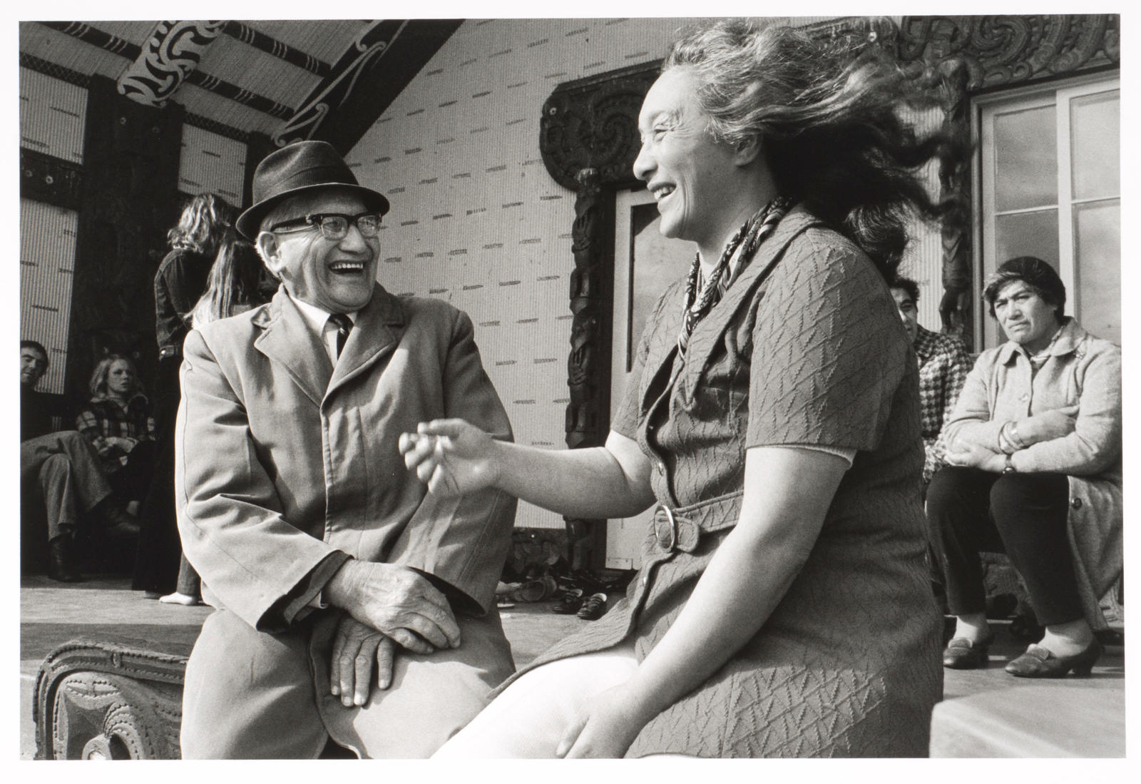Tukaki wharenui, Te Kaha-nui-a-tiki marae, Te Kaha. Ringatu Pou Paora Delamere and Elizabeth Irihapeti Murchie. June 1973