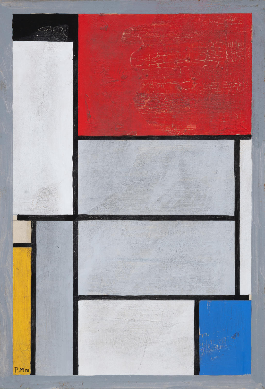 Composition with black, red, grey, yellow and blue