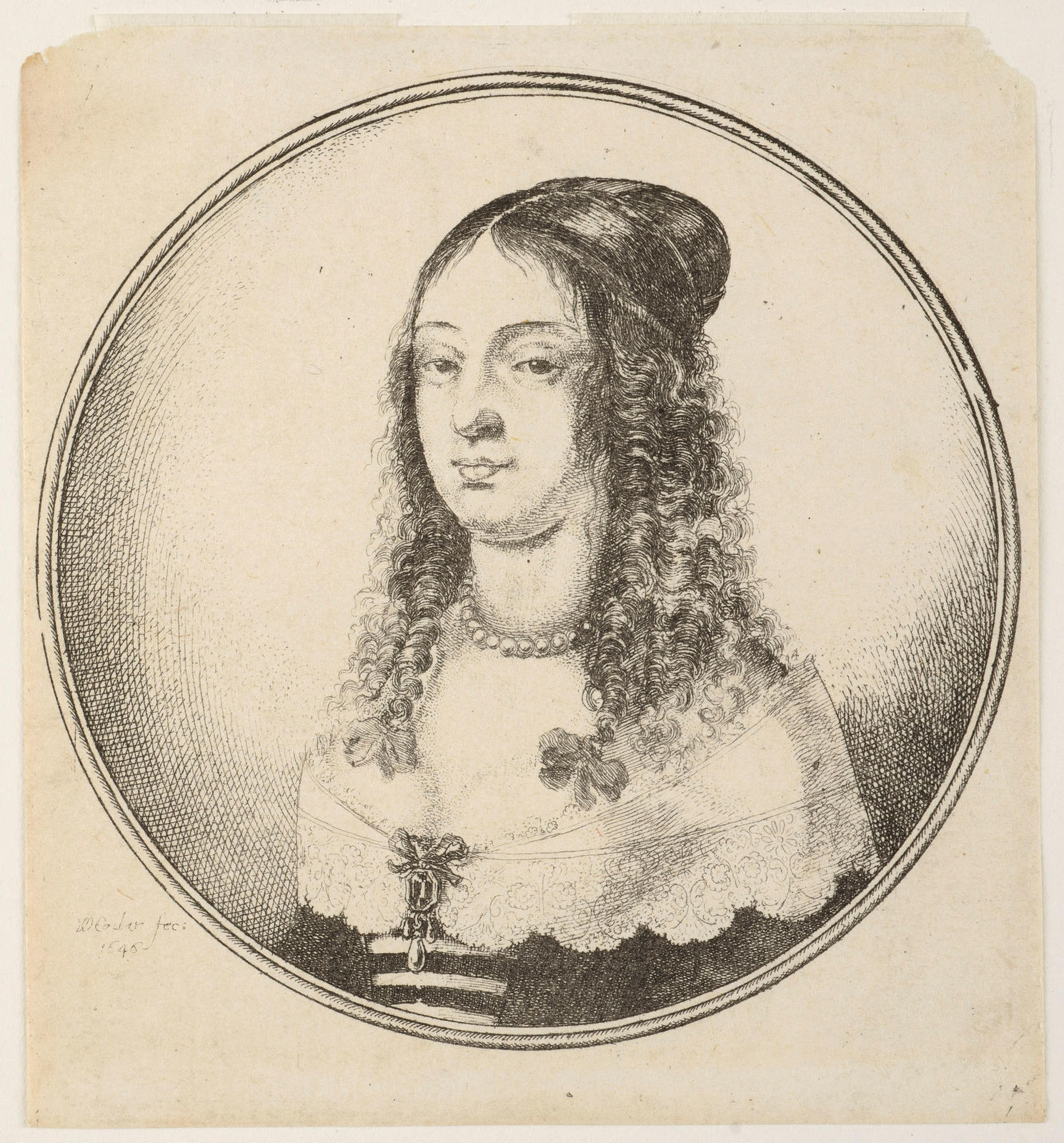 Woman with low Décolletage and Pearl Necklace, her Hair in loose Ringlets