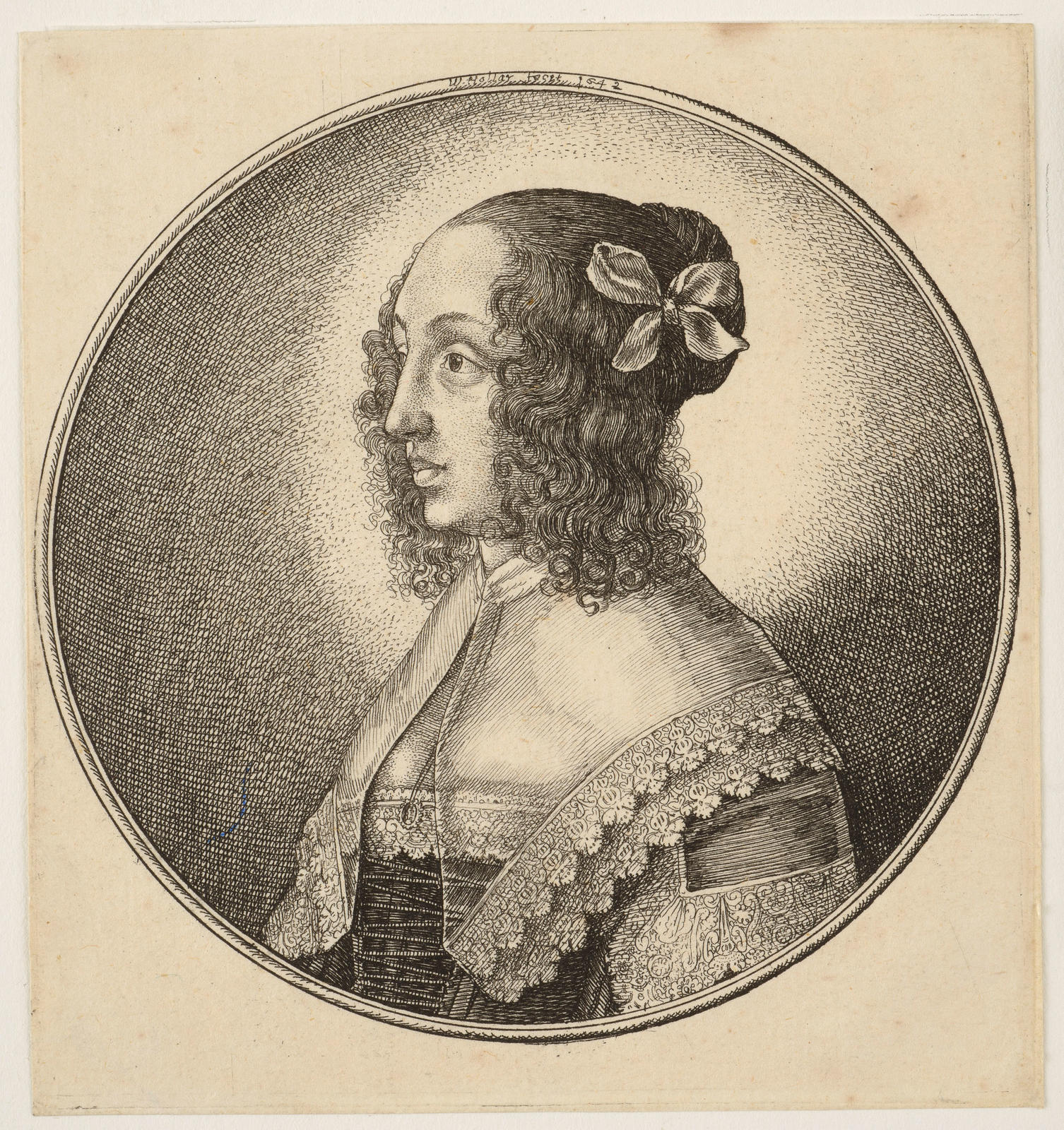 Woman with Dark Hair and a Bow in Profile to Left