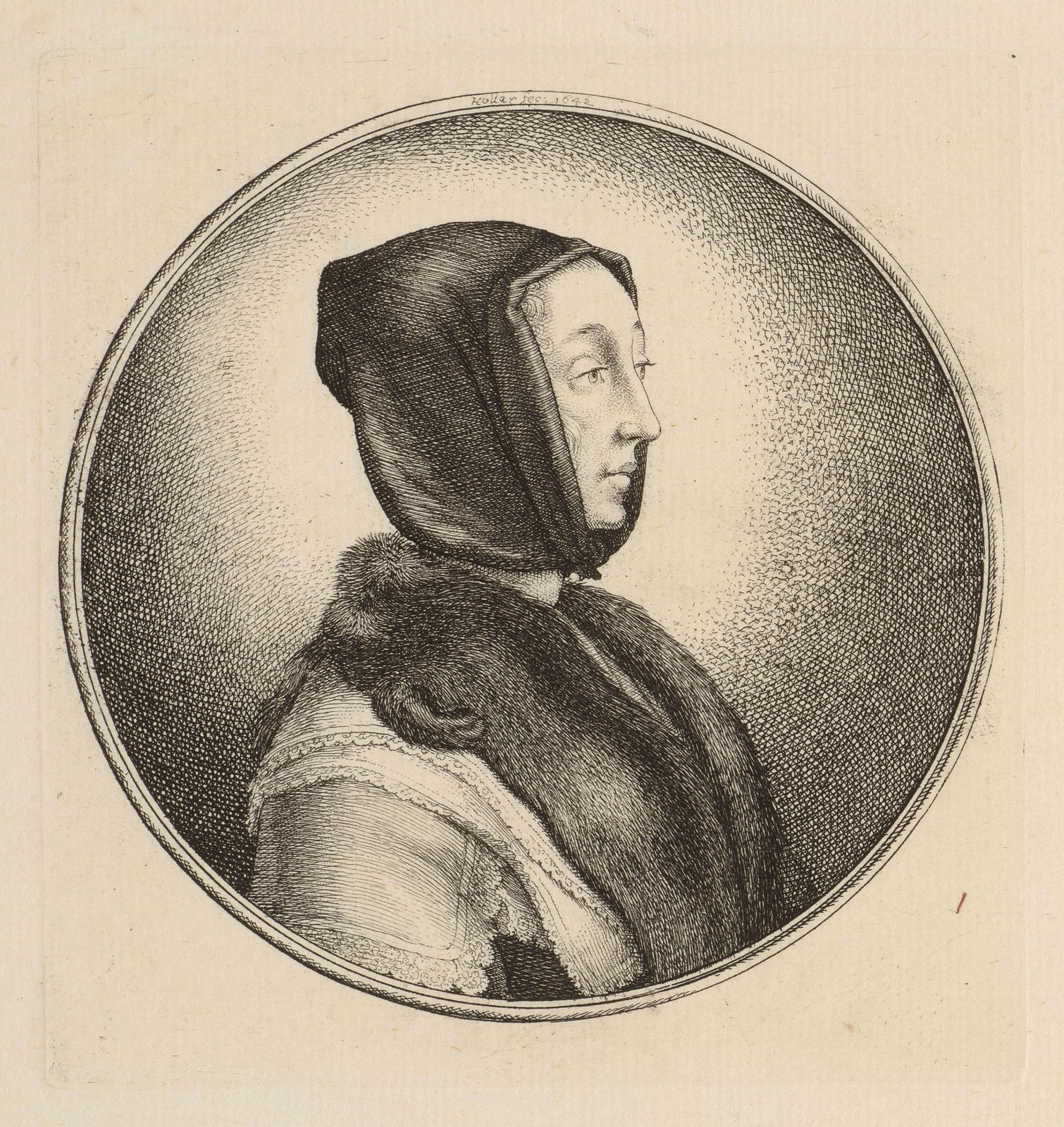 Woman with Black Hood and Fur Stole in Profile to Right
