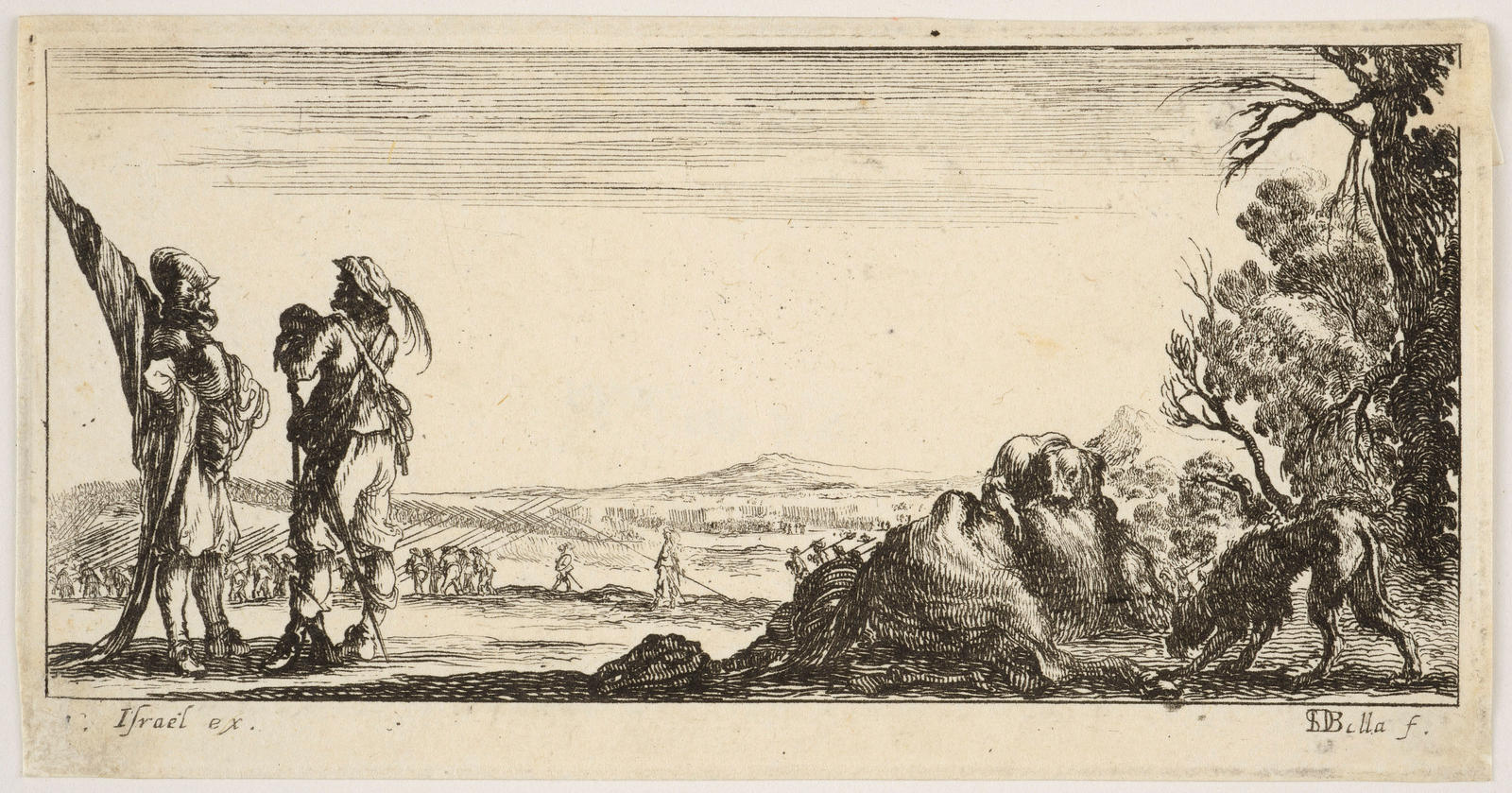 Two Soldiers Talking and a Dead Horse Being Consumed by Dogs