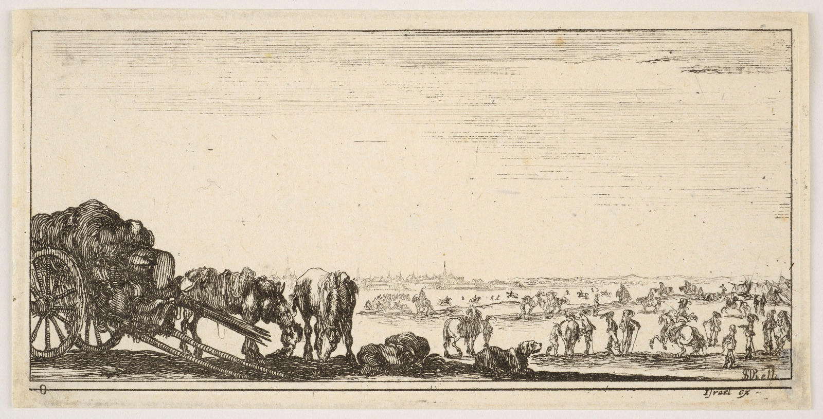 A Loaded Cart with Two Grazing Horses