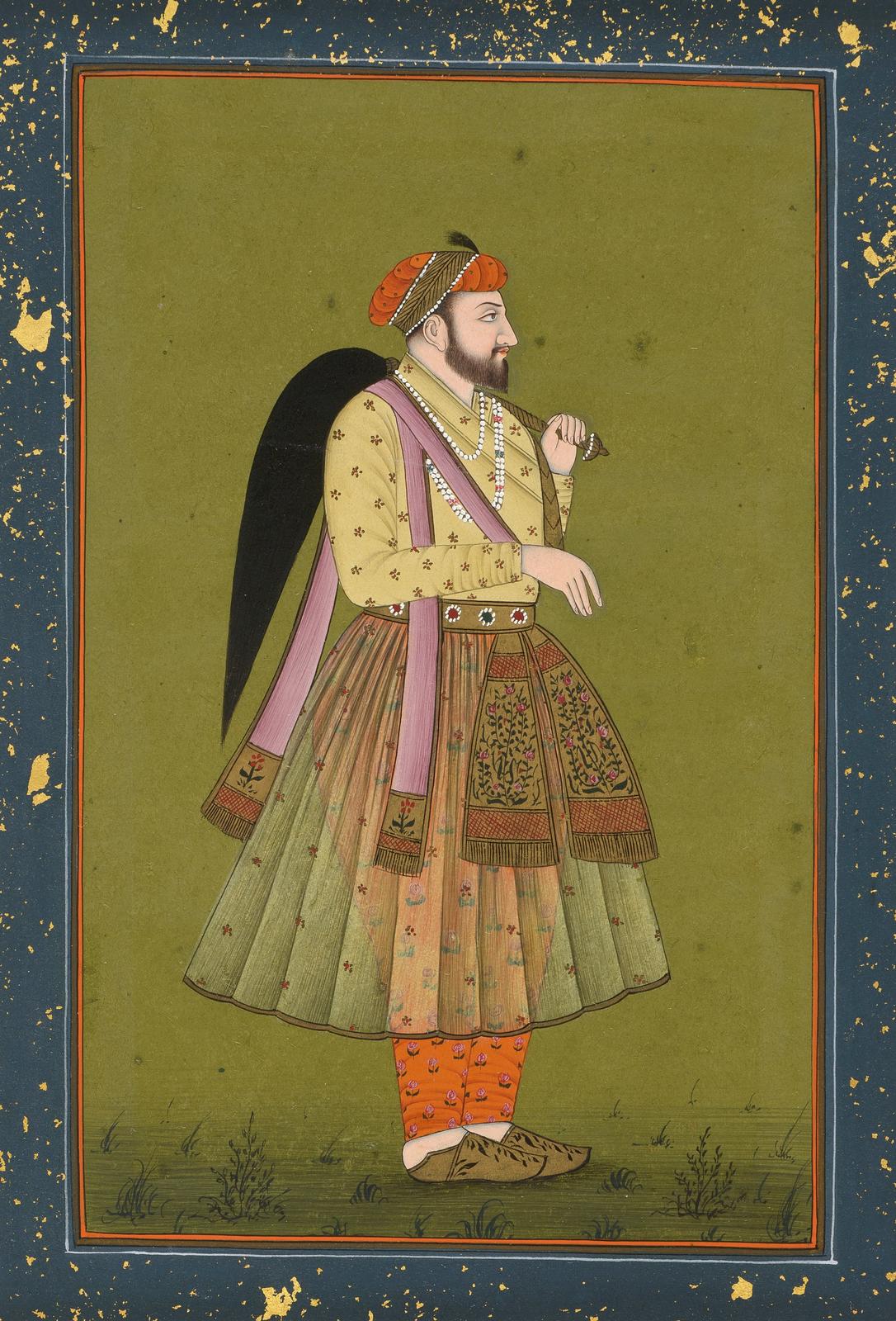 Man with fly whisk over his shoulder, with blue border
