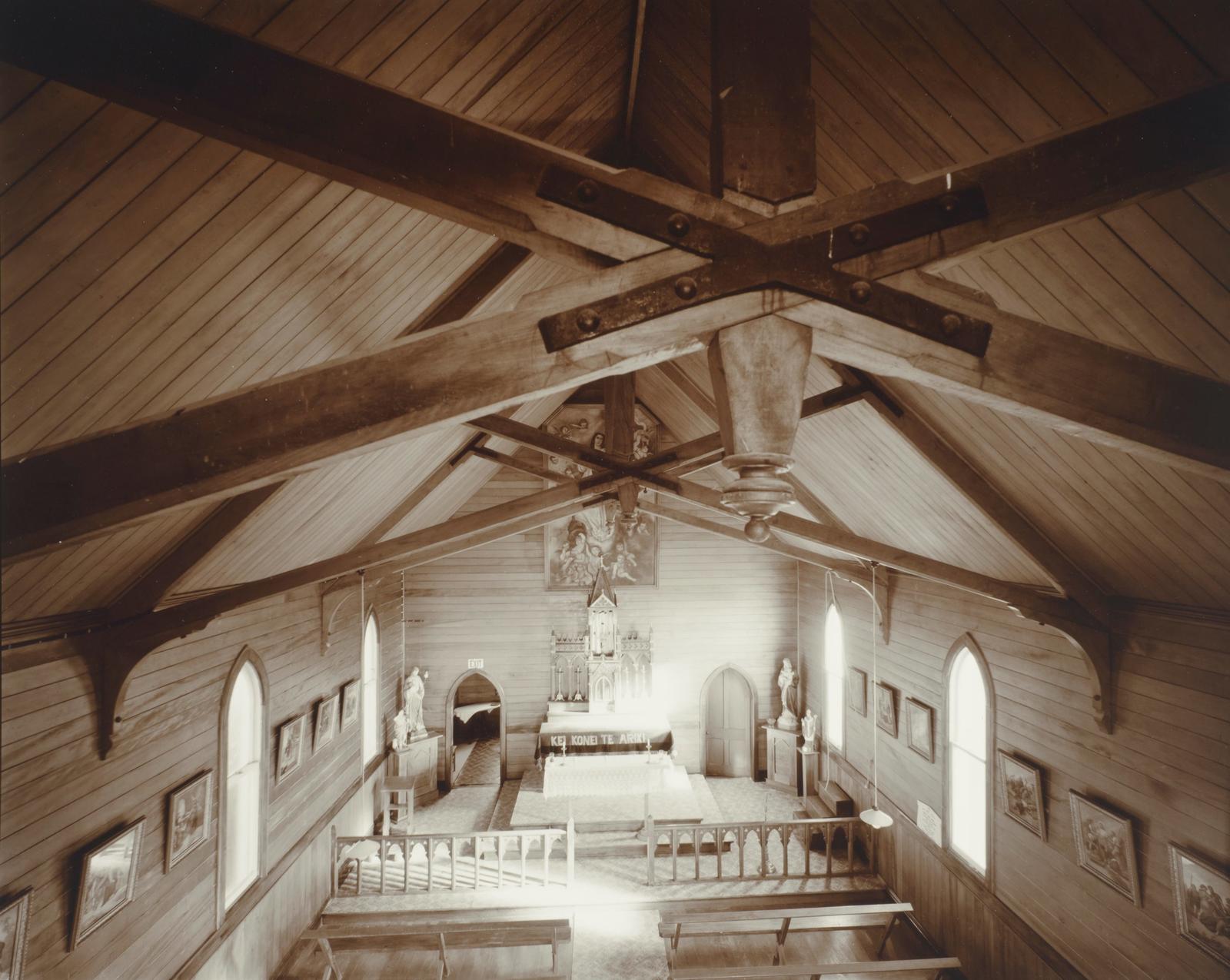 Interior, from upstairs gallery, Catholic Church, Motukaraka, Hokianga Harbour, 4 May 1982