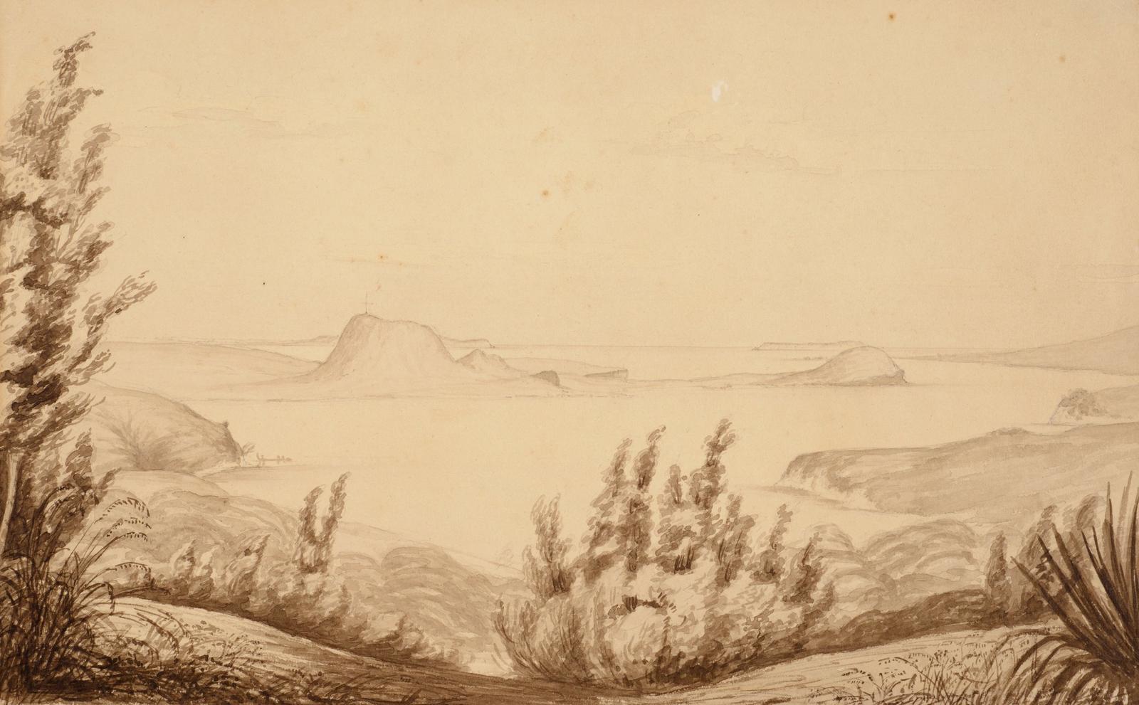 View from near Auck. Looking north out on the gulf of the Thames - the signal staff and North Head