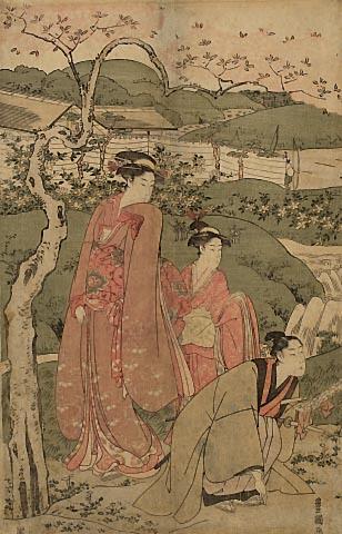 A Samurai holding a poem, accompanied by his wife and her maid