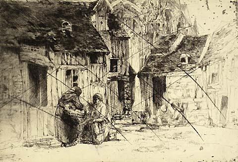 Street Scene with Women and Children with Cathedral in Background