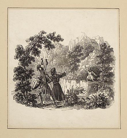 Knight and Pilgrim greeting a man