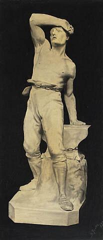 Drawing of statue of man chained to anvil