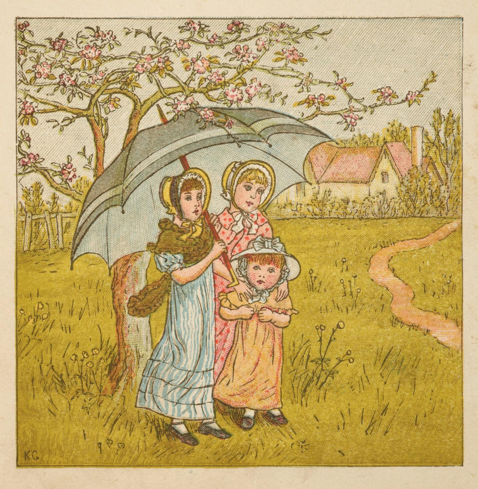 Three Girls Beneath Flowering Apple Tree