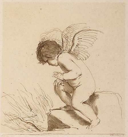 Cupid burning his bow and arrow