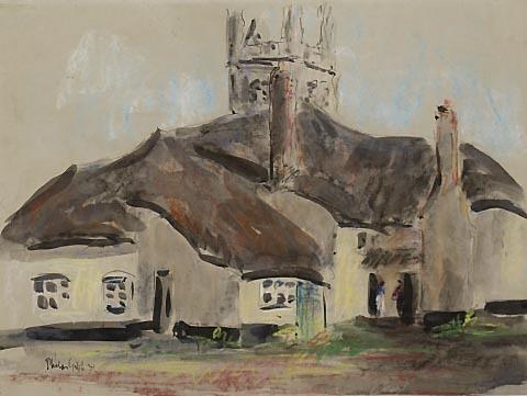 Village Scene: Thatched Cottages and Church Tower