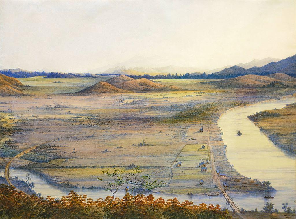 View of Taupiri village and plain from the top of Little Taupiri Hill. Sunset