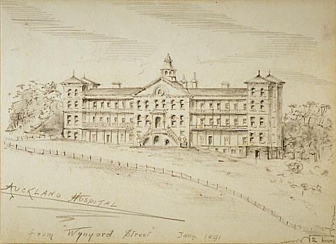 Auckland Hospital from Grafton Gully 1891