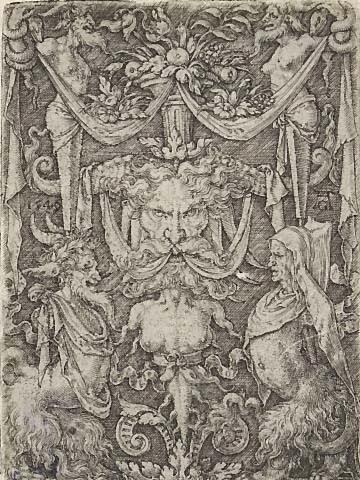 Ornamental Design with a Mask and Two Satyrs Below